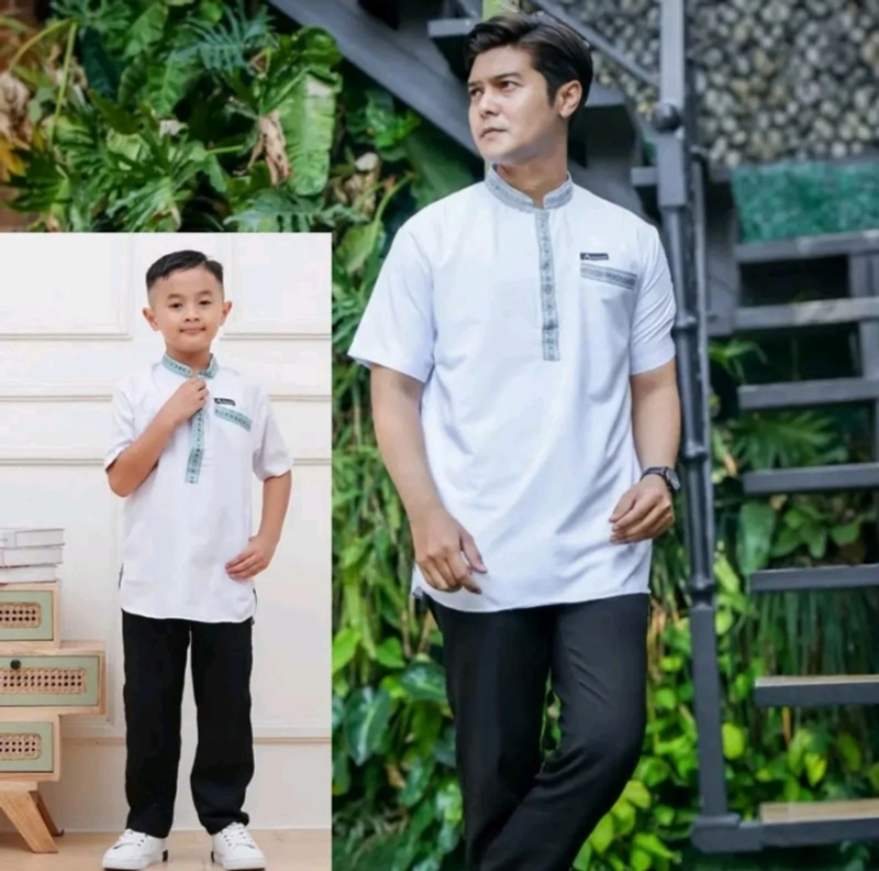 Product image Khisna collection - Baju Muslim Koko Pria Kembaran Coupel Modern Simpel Motif mafud M Anak putih