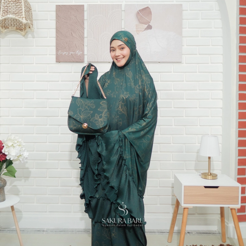 Product image Sakura Baru - Mukena Mimah Motif Magnolia Mimoza Strechy Rample Mukenah Wanita Dewasa All Size Emerald