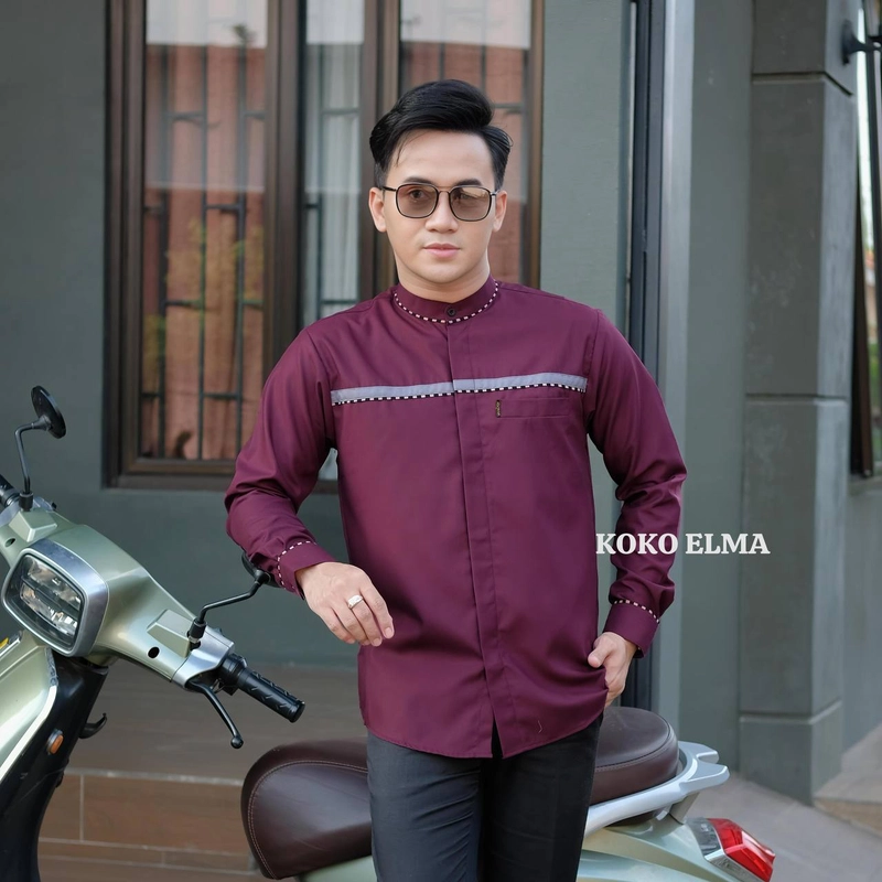 Product image Kois Batik - Baju Koko Pria Dewasa Lengan Panjang New Simpel Keren Motif elma M Burgundy