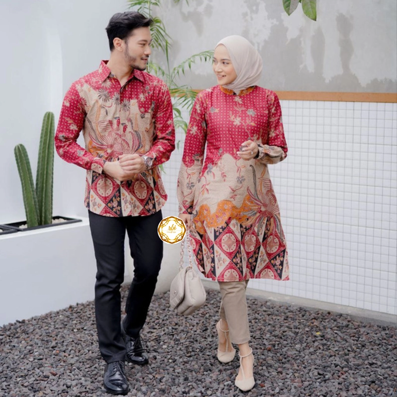 Product image Rambe Batik Indonesia - Couple Tunik Laksha Merah Modern dan Exclusive Kemeja Saja Size M Laksha Merah
