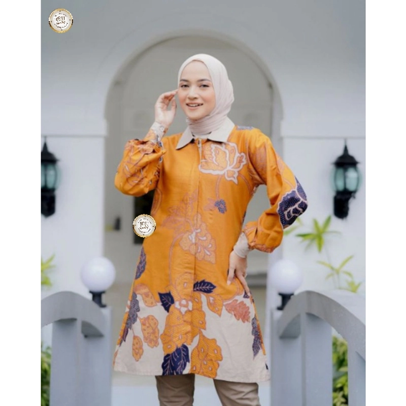 Product image Kois Batik - Baju couplen batik Tunik Kemeja lengan panjang kuning Xxxl Tunik kuning