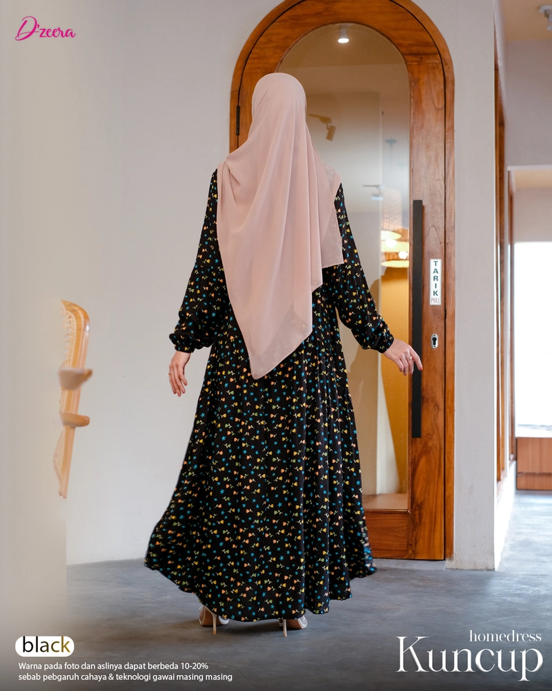 Product image Dzeera - KUNCUP HOMEDRESS / gamis wanita muslimah motif bunga bahan rayon S Black