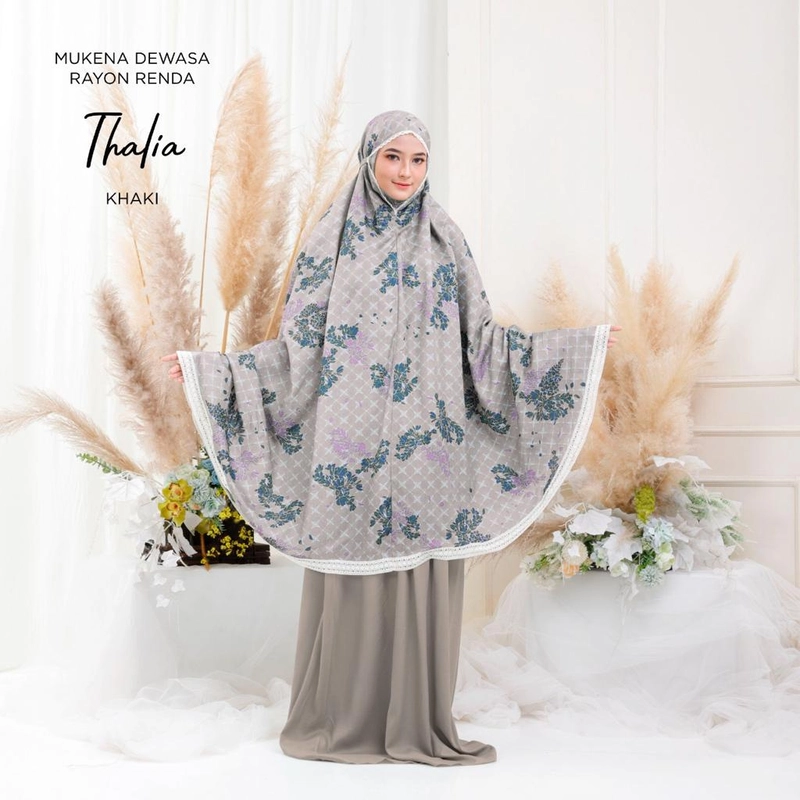 Product image qayd - Mukena Thalia Dewasa Renda Motif Dedaunan Kotak Kotak Tas Bahan Rayon Khaki Abu Muda Hijau Semen Dewasa Khaki