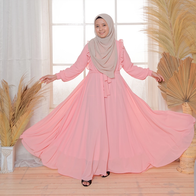 Product image MOSCOU - Baju Busana Dress Gamis Wanita Muslim Muslimah Syari Syar'I Remaja Ibu Busui Simple Simpel Elegan Casual Pesta Kondangan Lebaran Terbaru Kekinian Ceruty Ceruti Babydoll Premium Full Furing Hyget Adem Lembut Pink Peach Polos M Pink Peach