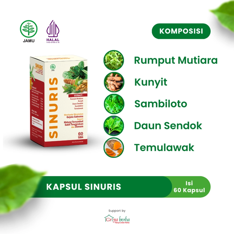 Product image Griya Herba - Sinuris Obat Herbal Membantu Mengobati Sinusitis Selesma 60 Kapsul BPOM 110 gram Original