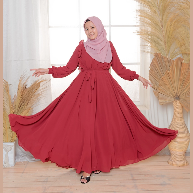 Product image MOSCOU - Baju Busana Dress Gamis Wanita Muslim Muslimah Syari Syar'I Remaja Ibu Busui Simple Simpel Elegan Casual Pesta Kondangan Lebaran Terbaru Kekinian Ceruty Ceruti Babydoll Premium Full Furing Hyget Adem Lembut Merah Maroon Marun Polos M Maroon