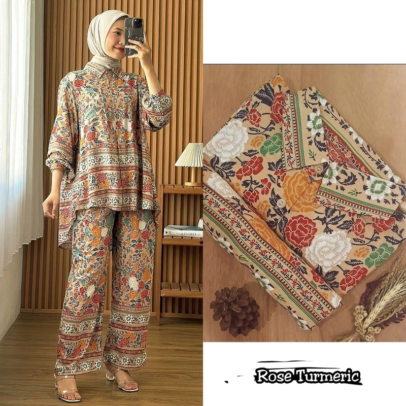 Product image Khisna collection - Oneset Yuka Zahra motif bunga kekinian Allsize Rose turmeric