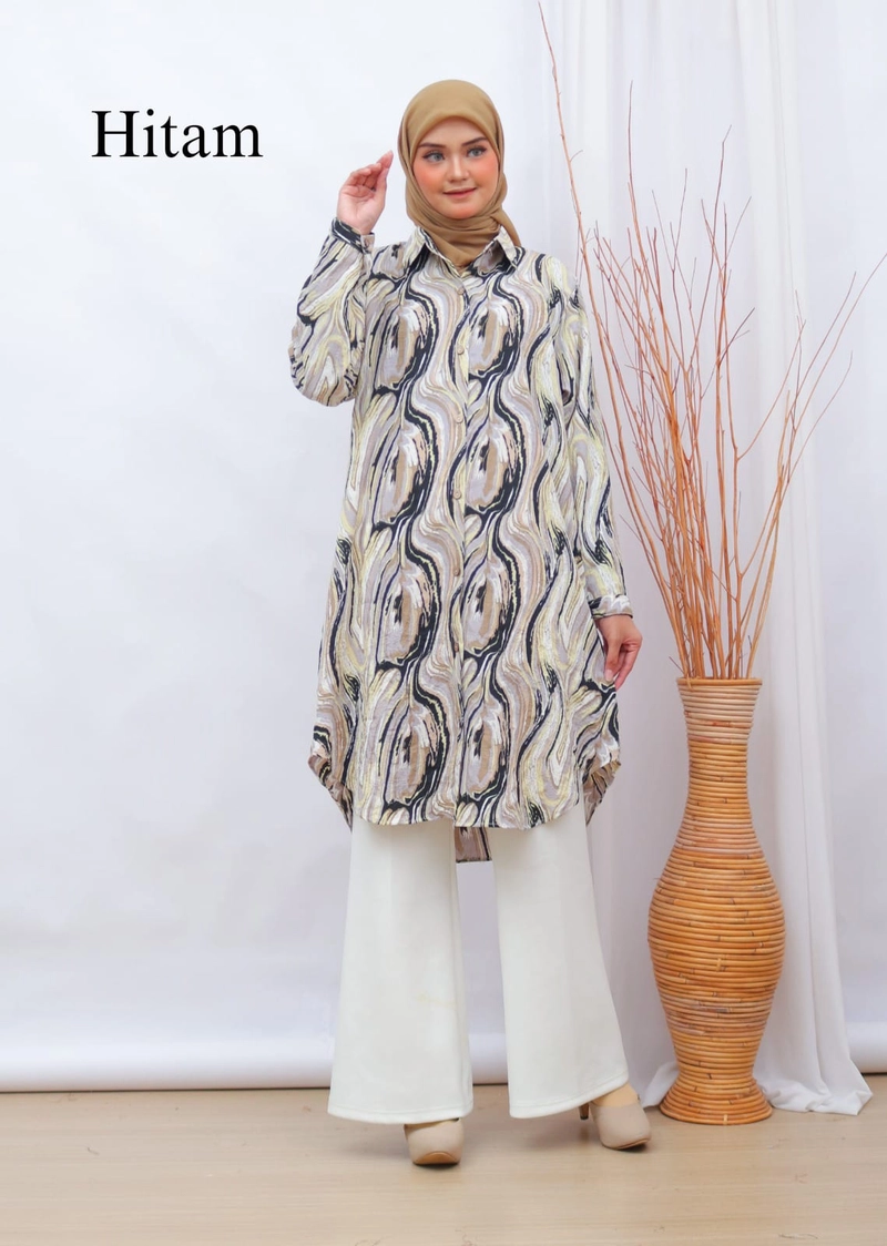Product image Giat Makmur [TA] - Tunik Kemeja Torry Premium Motif Abstrak Gelombang Standar Hitam