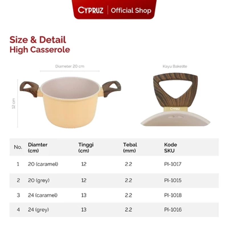 Product image Cypruz Official - Cypruz Panci Anti Lengket + Tutup Casserole High Hercules Series Nude 20cm PI-1017 XL NUDE