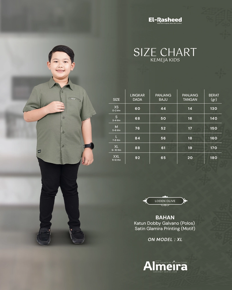 Product image Yasmeera Official - SARIMBIT 2026 ALMEIRA SERIES WARNA LODEN OLIVE XS KMJ ANAK L. PENDEK