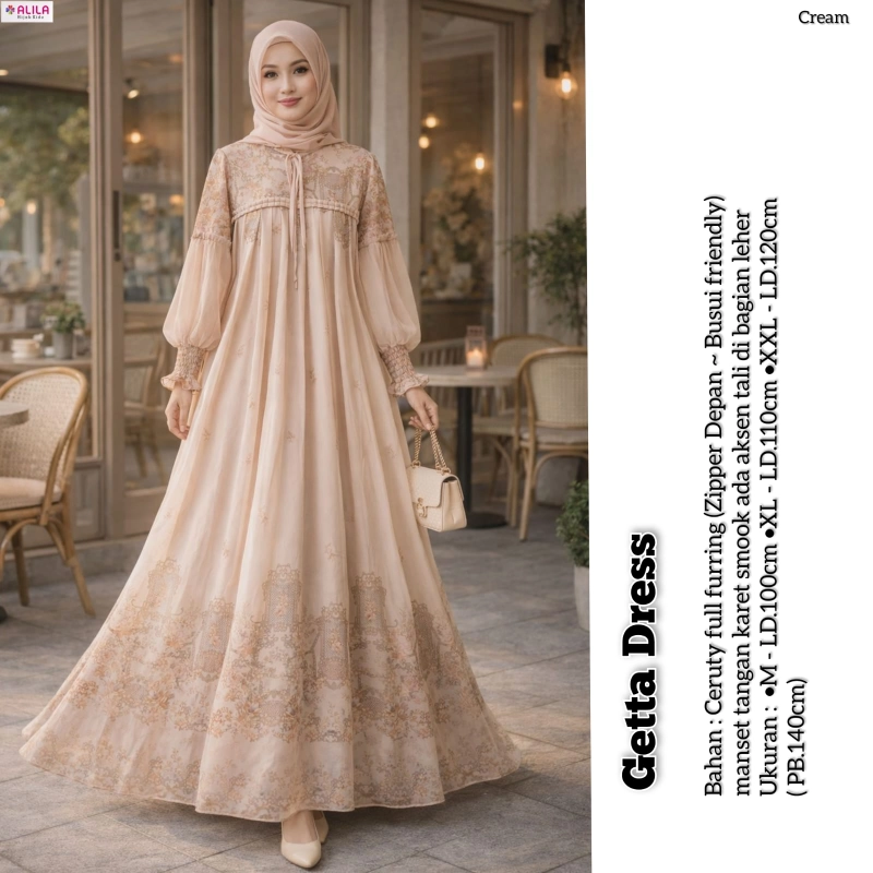 Product image Griya Busanaku Solo - Getta dress gamis muslimah ceruty full furing M (LD 100cm) Cream