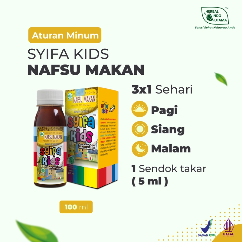 Product image Herbal Indo Utama - Madu Anak Syifa Kids NAFSU MAKAN Tingkatkan Nafsu Makan Anak 100 ml 1 Botol 100 ML Madu Anak