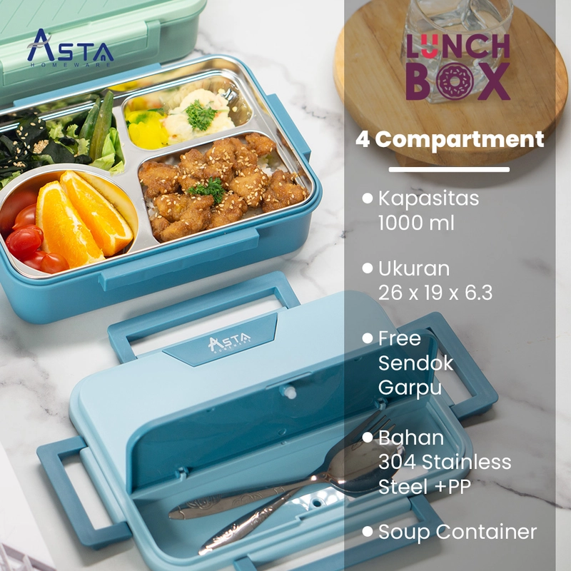 Product image Asta Kotak Makan Stainless Steel 304 Lunch Box 4 Sekat Dengan Soup Container Food Grade Warna Blue