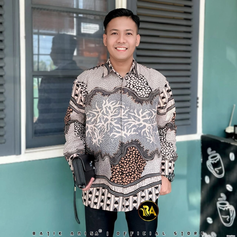 Product image Batik Alfin - Baju atasan muslim couple kemejan dan Tunik motif Larasati abu model terbaru M Kemejan-abu