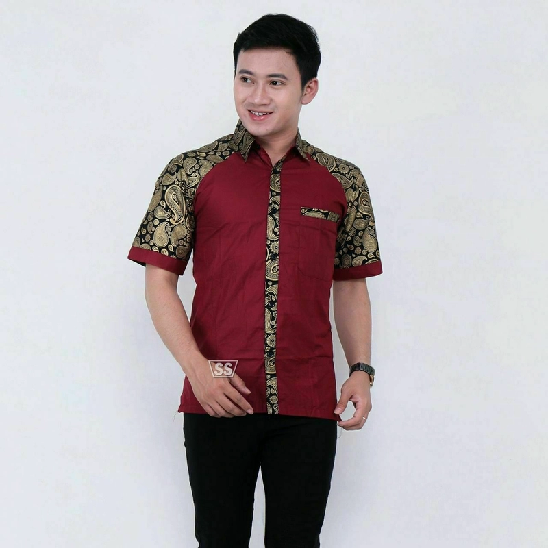 Product image Batik Alfin - Baju koko muslim kombinasi batik lengan pendek bagus 001 M Maron