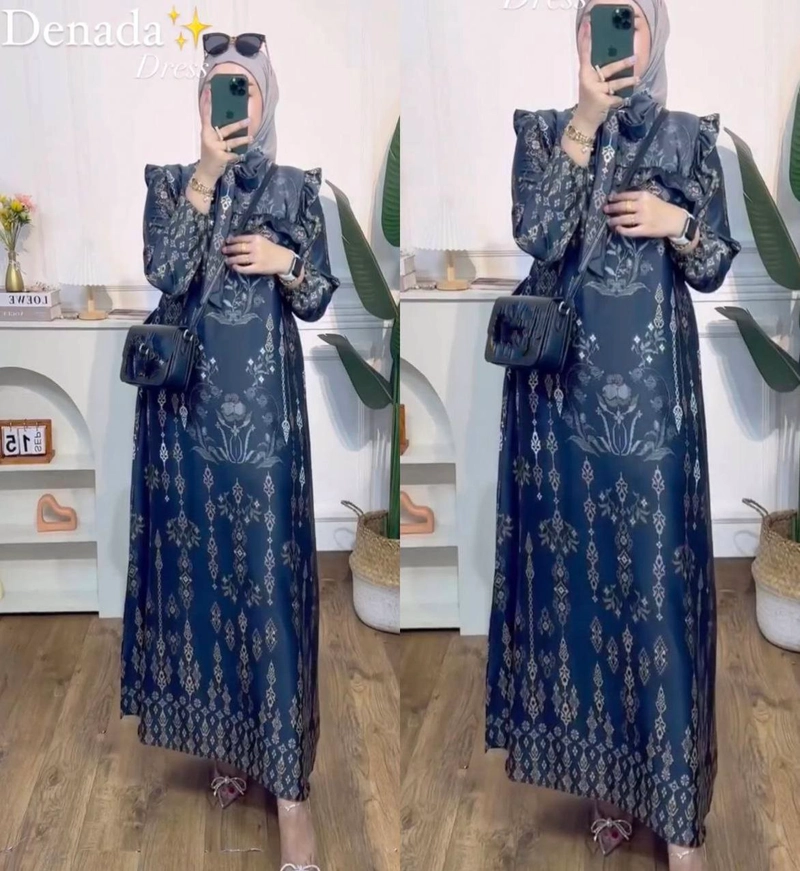 Product image Valencia - Denada Gamis Terbaru Diora Silk Dress Wanita Lengan Panjang Ruffle Maxidress Kekinian LD 110 cm All Size Hitam