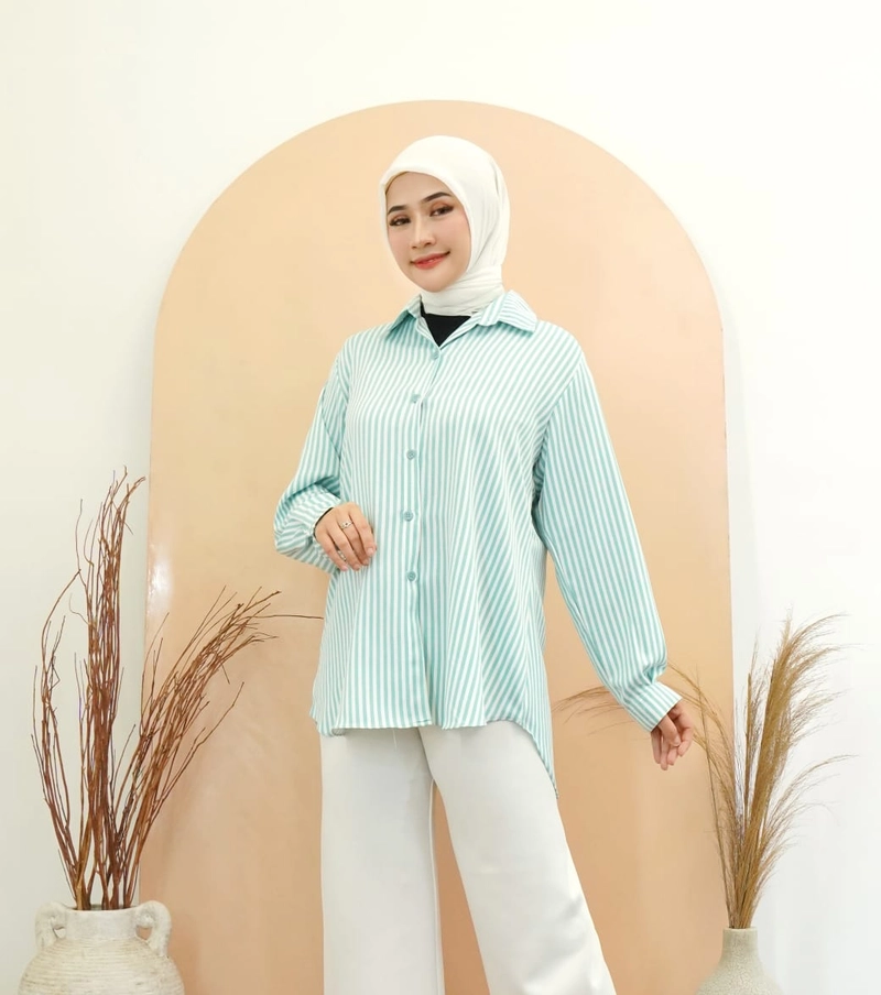 Product image Syahrinda [TA] - Atasan Wanita Kemeja Basic Salur Strip Zaraca Standar - Jumbo 4L Bigsize Size M Tosca