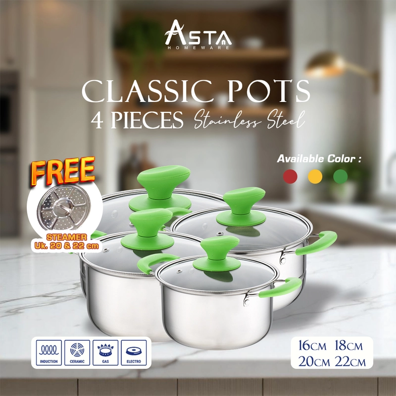 Product image Asta Homeware Official - Asta Panci Set Classic Pots Panci Susun 4 Stainless Steel Warna Hijau
