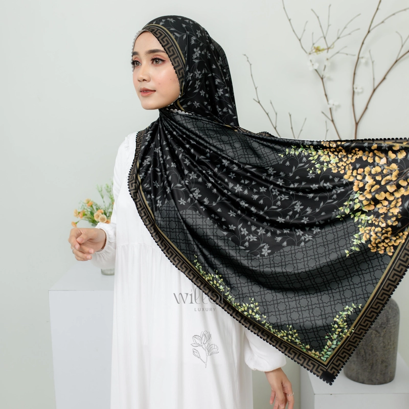 Product image Sakura Baru X Willofi - Pashmina Motif Floral Shawl Mimoza Sublim Premium All Size Hitam
