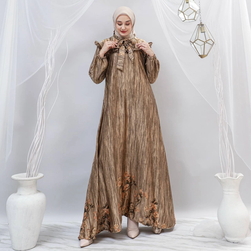Product image Valencia - Ulya Dress - Gamis Terbaru Diora Silk Dress Wanita Lengan Panjang Ruffle Maxidress Kekinian LD 110 c All Size Gold