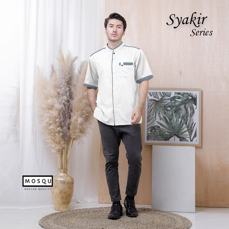 Product image MOSQU MOSLEM QUALITY - Baju Koko Pria Dewasa Lengan Pendek Model Syakir L Putih-Abu