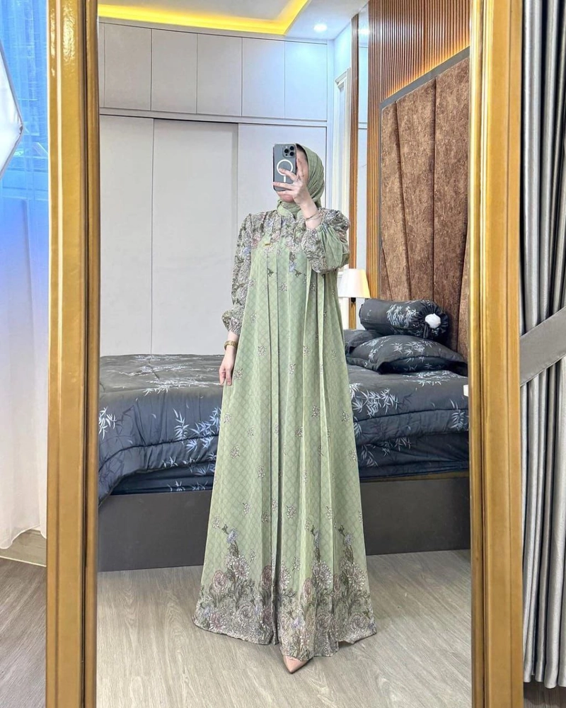 Product image Khisna collection - Gamis bunga zahra set hijab segi4 model terbaru wanita kekinian cantik Allsize Sage