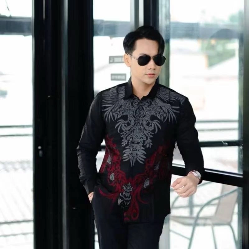 Product image Batik Alfin - Kemejan Batik pria dewasa Lengan panjang motif Dassi Hitam bagus banget L Kemejan dassi hitam