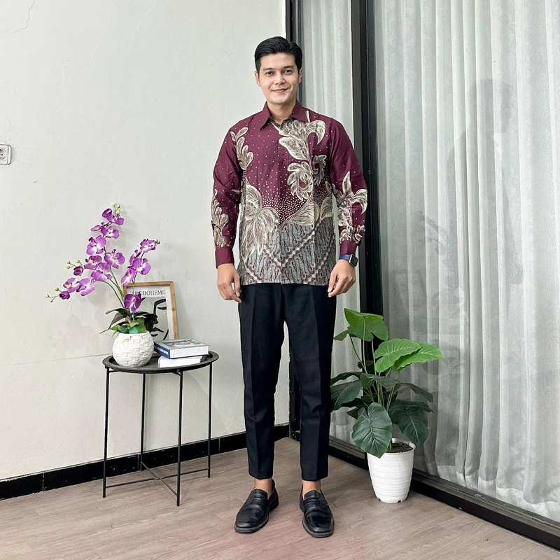 Product image Batik Mafaza - Batik Coupel Tunik Dan Kemeja Bisa Dipisah Terbaru Motif Anggrek burgundy M Kemeja anggrek burgu