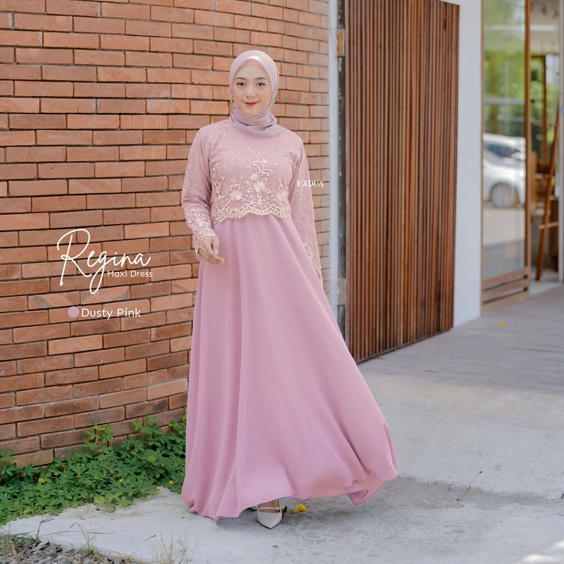 Product image Erdua - Regina Maxi Dress by Erdua G014 Gamis Ceruty Brukat Tile Gaun Pesta Kondangan L Dusty Pink