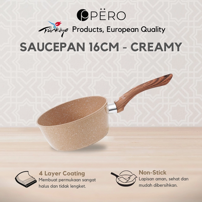 Product image Pero Indonesia - Pero Ruby Sauce Pan 16cm Biogranite with Wooden Handle Saucepan Milkpan16cm Ruby Creamy