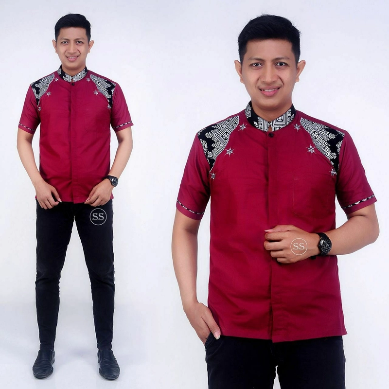 Product image Batik Alfin - Baju koko batik kombinasi bordir lengan pendek bagus banget M Koko marun