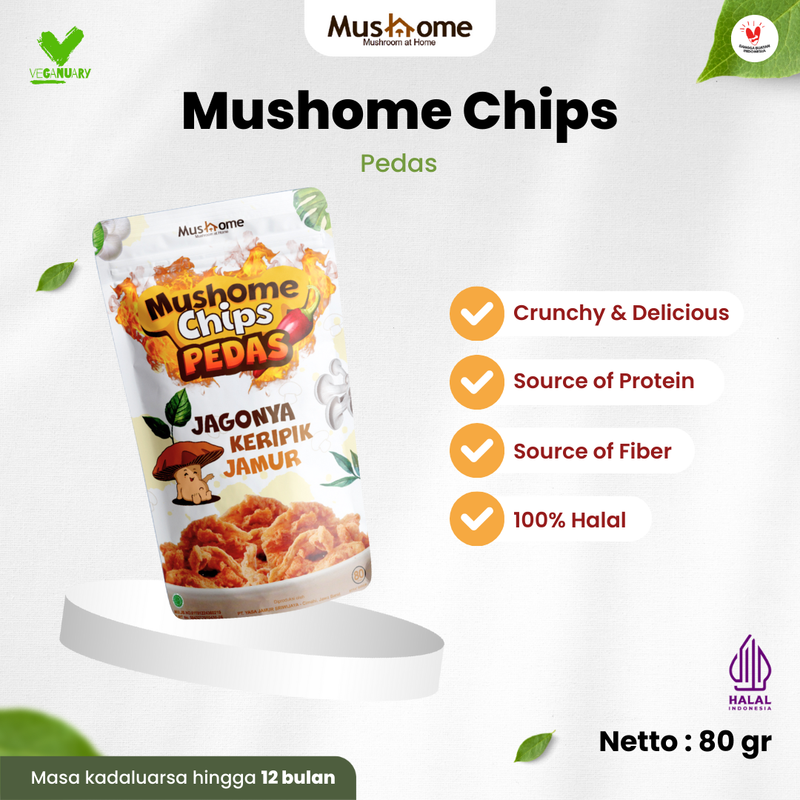 Product image Mushome Official - Keripik Jamur Rasa Pedas / Kaya Serat / Sumber Protein 80gr Pedas