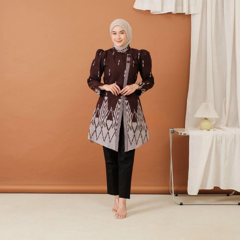 Product image Kois Batik - Batik coupel kemeja dan tunik bisa dipisah terbaru kekinian motif davina M Tunik mahogany