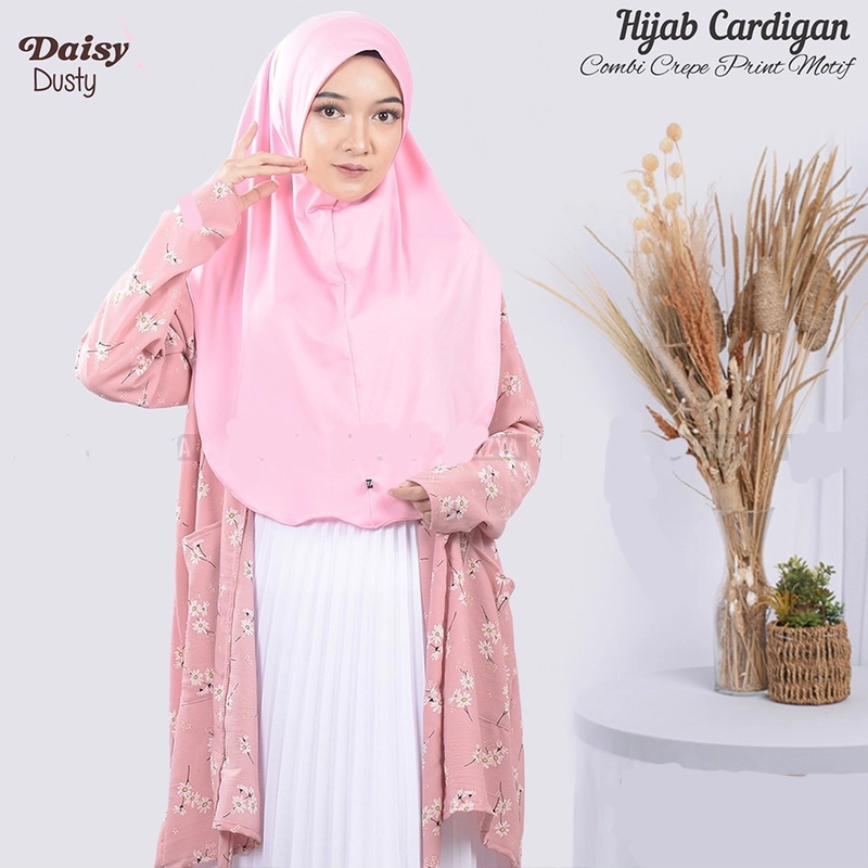 Product image Fisky Collection - Hijab Cardigan Kombinasi Crepe Motif All Size Daisy Dusty Pink