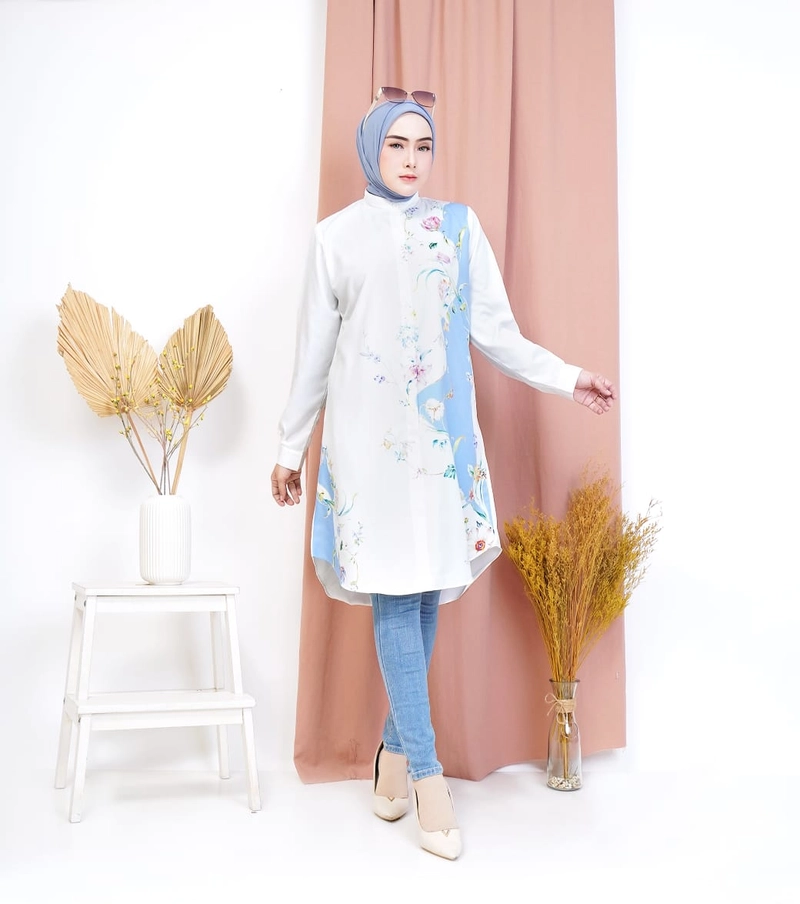 Product image Syahrinda [TA] - Kemeja Tunik Kancing Daisy Zarax Premium Putih Pink Tosca Kuning Print Bunga Katun Size 1 Putih