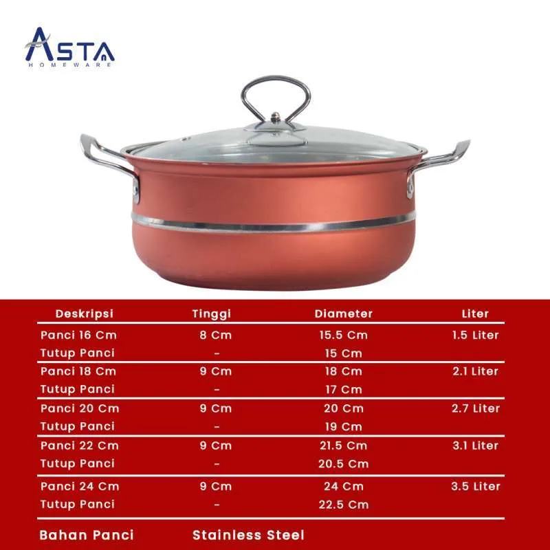 Product image Asta Homeware - Asta Panci Susun 5 DLima Stainless Steel Tutup Kaca 2450 Merah Maroon