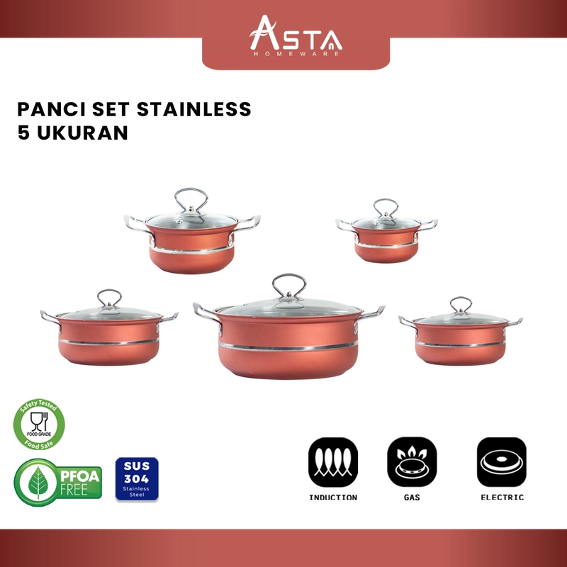 Product image Asta Panci Set Stainless Steel Tebal Tutup Kaca DLima Susun 5 Warna Merah