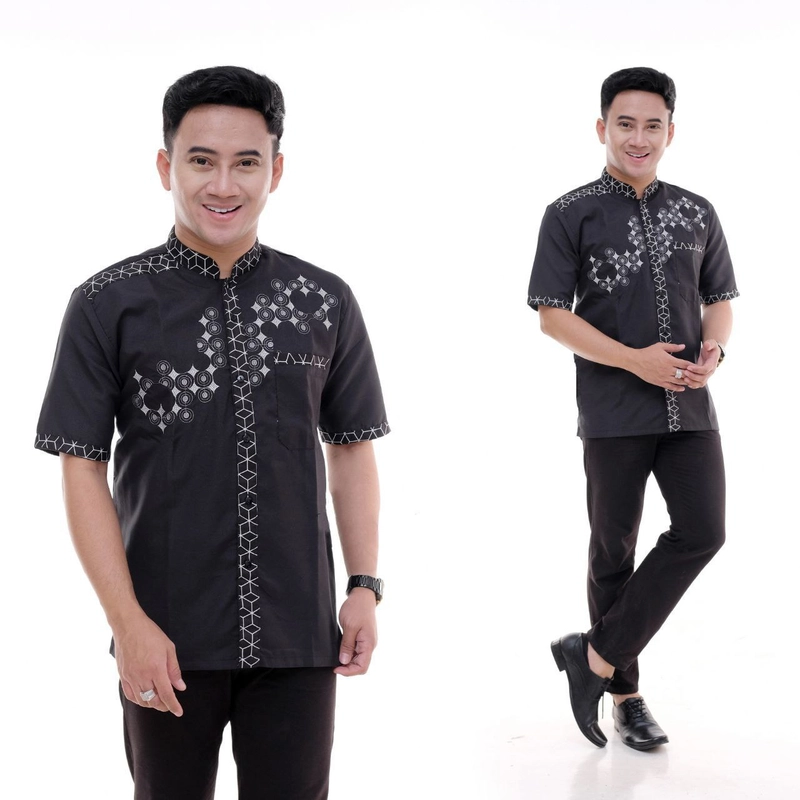 Product image Batik Alfin - Baju koko batik dewasa kombinasi bordir lengan pendek keren banget M Hitam