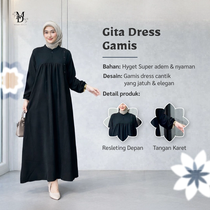 Product image MEQA DAILY - MEGA DAILY - Gita Dress Gamis Wanita Bahan Hyget Super 1073 L Hijau Army