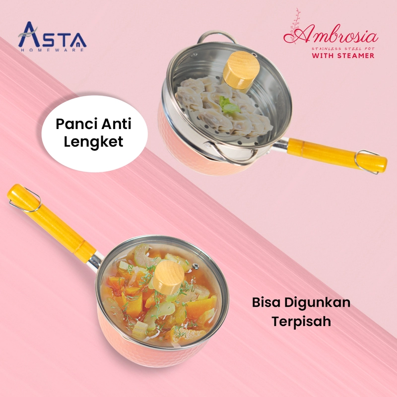 Product image Asta Sauce Pan Panci Stainless Kukusan Mpasi Anti Lengket Tutup Kaca 16 cm Warna Pink