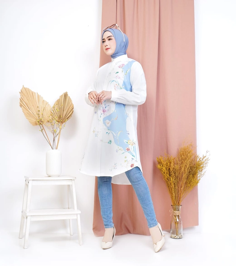 Product image Syahrinda [TA] - Kemeja Tunik Kancing Daisy Zarax Premium Putih Pink Tosca Kuning Print Bunga Katun Size 1 Putih