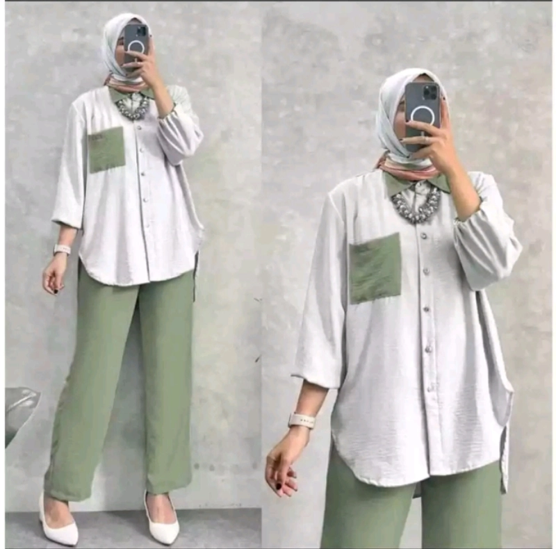 Product image Bursanekashop - amanda one set / setelan muslimah wanita / gamis dress lebaran / blouse celana kemeja wanita ALLSIZE SAGE
