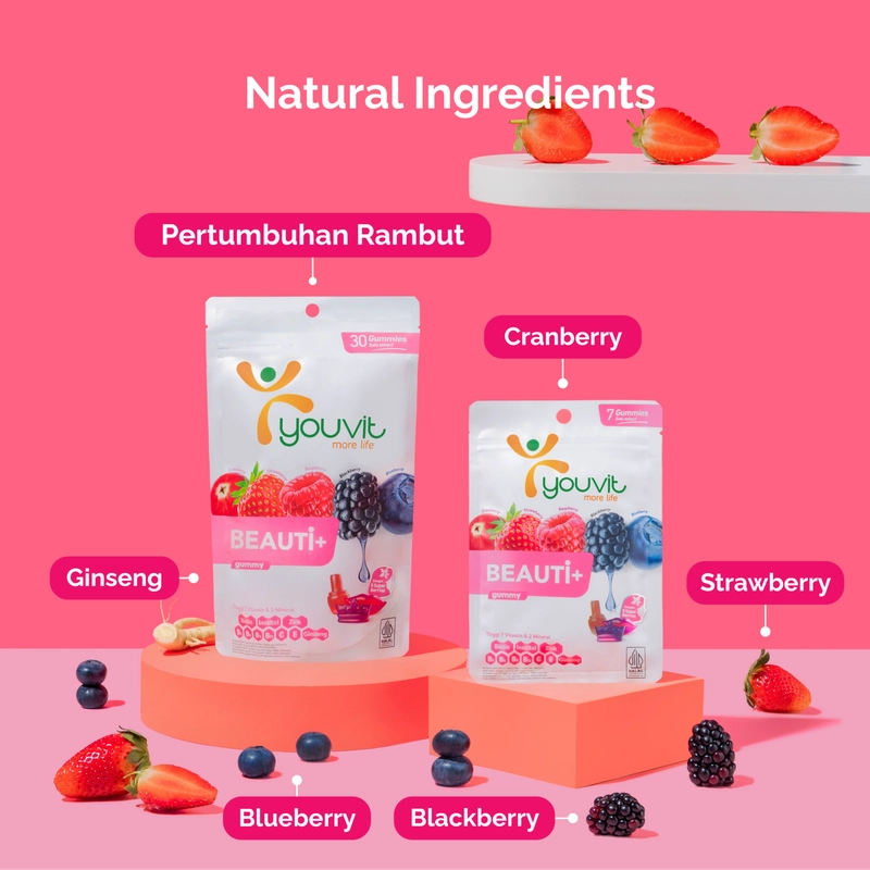 Product image Youvit Beauti+ 1 Box dengan Ginseng - Biotin - Vitamin E untuk Rambut Rontok 6 Sachet Gummy