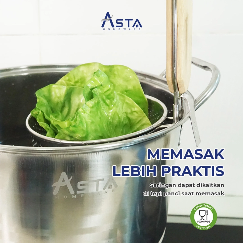 Product image Asta Saringan Mie Ayam Stainless Bihun Sayuran Strainer Tahan Karat Gagang Kayu Size 12 cm