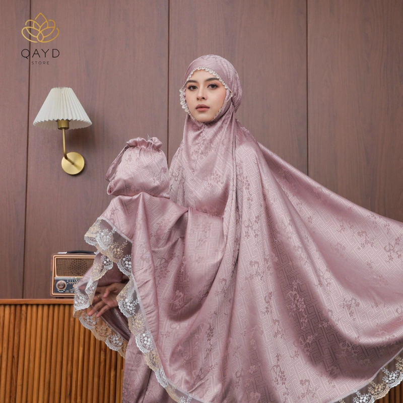 Product image qaydstoreid - BEli 1 Gratis 1 Mukena Dewasa Zhafira Armany Silk Jacquard Motif Embos Mewah 2in1 Renda 2in1 zhafira peach