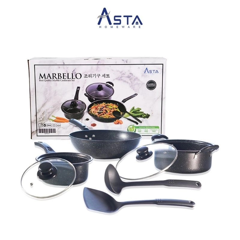Product image Asta Homeware - Asta Marbello Cookware Set Panci Marble Anti Lengket 7 pcs 3100 Hitam