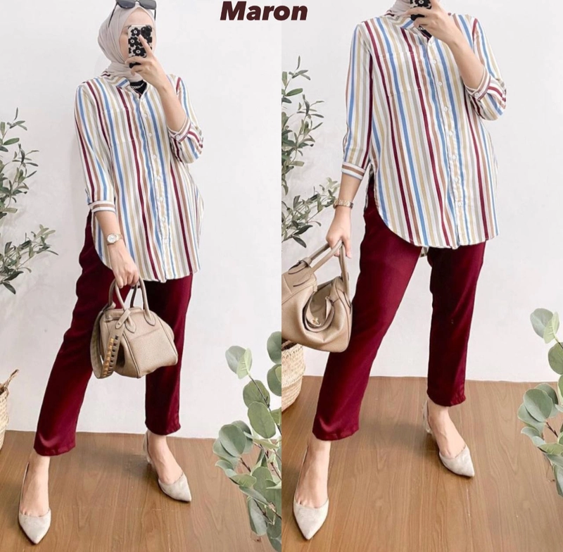 Product image Valencia - Pelangi Set - One Set Wanita Kemeja Pelangi Shakila Twill Premium Setelan Baju Lengan 7/8 Set Celana all size Maroon