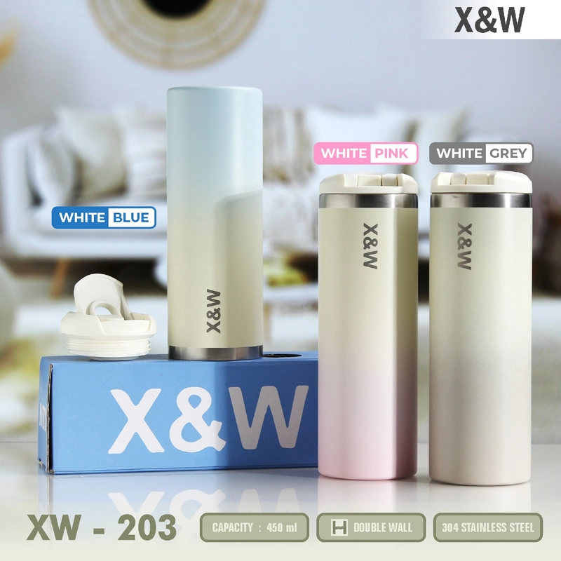 Product image X&W Botol Tumbler Stainles 304 Double Wall XW-203 Keep Hot & Cold 450 ML Vacuum Flask 2 Tone Colour 450 White Blue