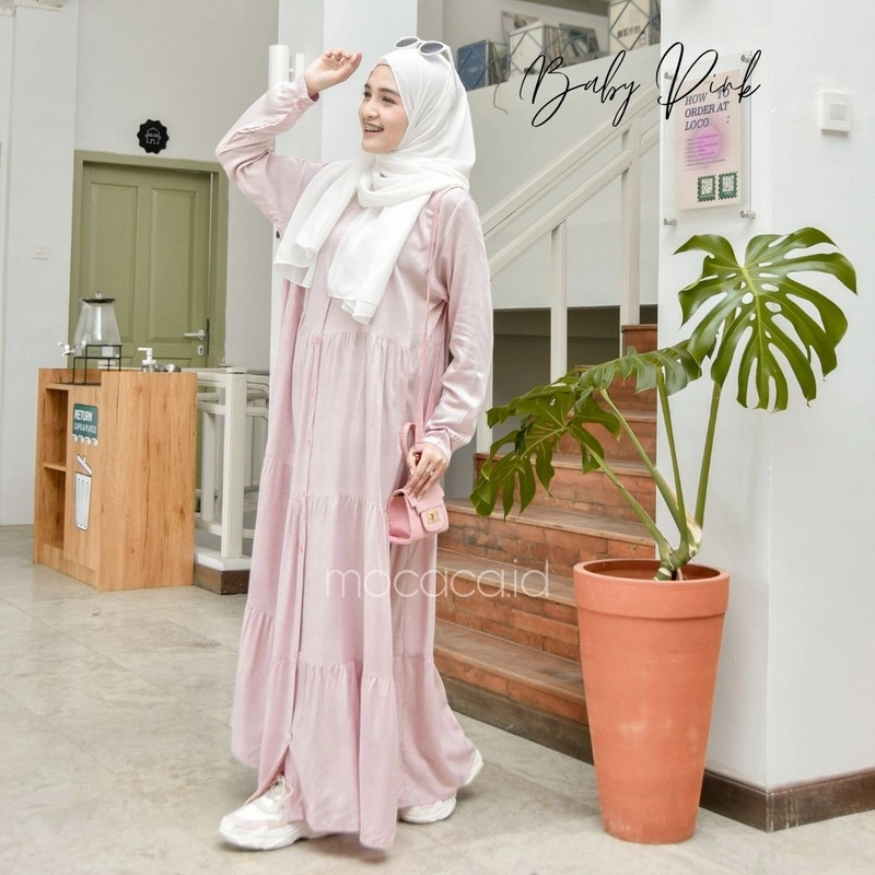 Product image mocaca id - Gamis Polos Premium Babydoll Lady Dress Rayon Twill Full Kancing Hidup Busui Baby Pink ALL SIZE BABY PINK