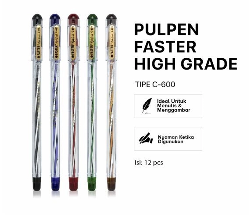 Product image Bintang Terang ATK - Pulpen Faster C600 / Pen Faster (Hitam/Biru) - 1 Pack isi 12 Pcs 0.7mm Hitam